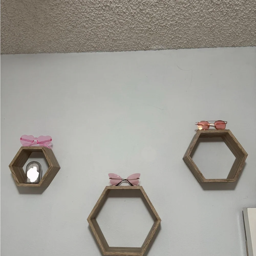Hexagonal Wooden Wall Shelves 3 set - Brown